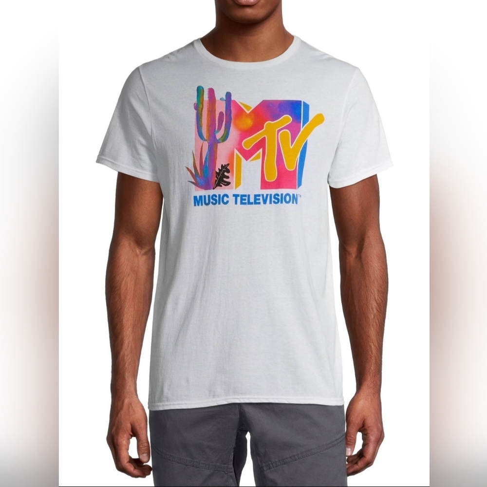 MTV Music Television graphic tee short sleeve white multicolor cactus Med EUC